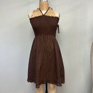 NWT Deadstock 2000s Elastic Smocked Halter Tie Eyelet Lace Swim Cover Dress Med